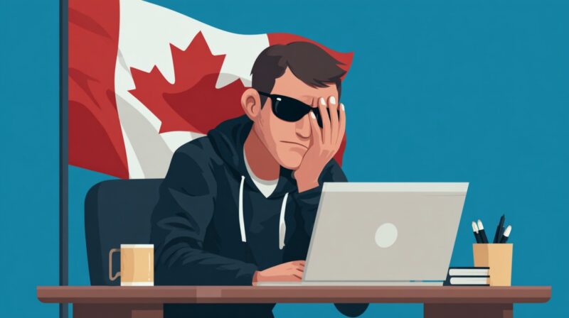 Illustration of a stressed person wearing sunglasses at a desk with a laptop, Canadian flag in the background, suggesting online scam activity