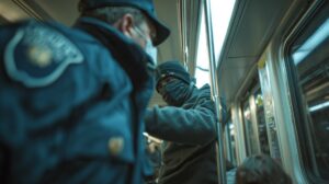 Interior of a subway car where a uniformed officer faces a bundled-up passenger wearing a mask, with other riders nearby