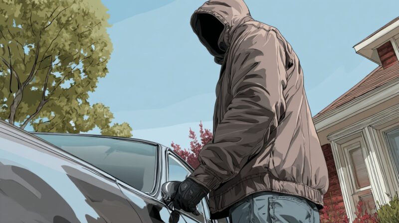 Illustration of a hooded figure breaking into a parked car in a suburban driveway during daylight