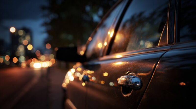 Close-up of a parked car at night with city lights reflected on the door and window
