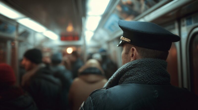 Back view of a uniformed transit officer inside a crowded subway car, with passengers bundled in winter clothing