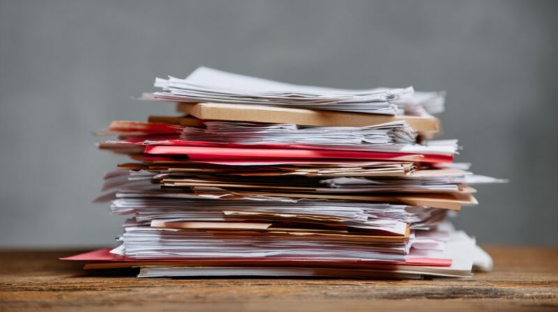 Pile of mixed documents and folders stacked on a wooden surface.