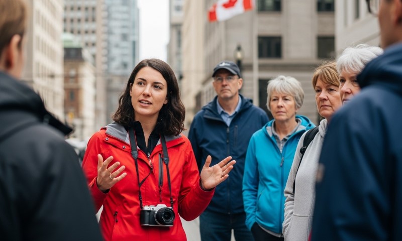 A woman in a red jacket and camera gestures while speaking to a group on a city street