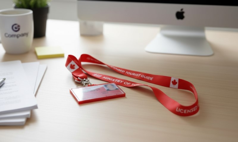 A red lanyard with a Canadian flag and ID badge labeled "LICENSED TOURIST GUIDE" lies on a desk