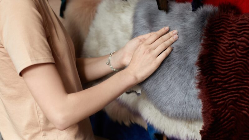 A shopper touches a gray sealskin fur product beside other fur items.