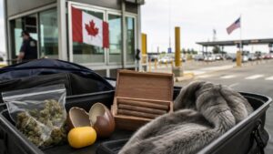 Border inspection tray with cannabis, cigars, a chocolate egg, and fur near Canadian and U.S. flags.