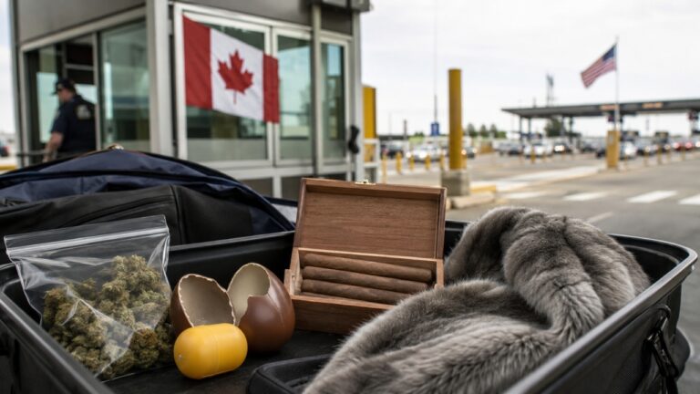 Border inspection tray with cannabis, cigars, a chocolate egg, and fur near Canadian and U.S. flags.